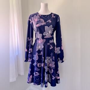 Simple Flavor Purple & Pink Floral Print Long Sleeve Knee Length A-Line Dress